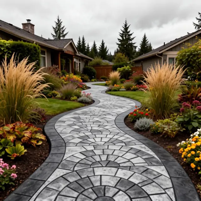 Decorative stamped concrete fan pattern walkway in Gresham OR – Glorious Stone Construction