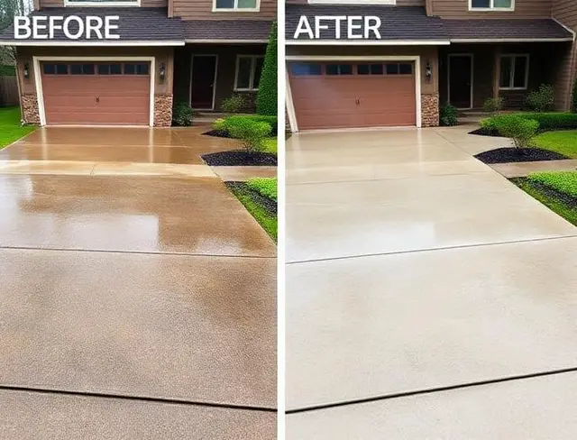 Concrete driveway power washing before and after in Gresham OR – Glorious Stone Construction