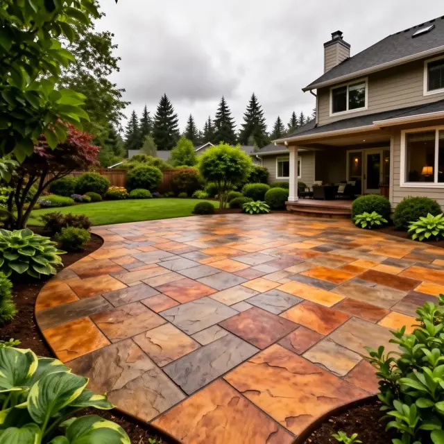 Stamped ashlar slate concrete patio with warm earth tones in Portland OR – Glorious Stone Construction