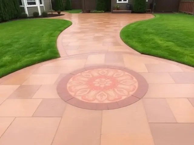 Stamped concrete medallion patio with decorative pattern in Portland OR – Glorious Stone Construction